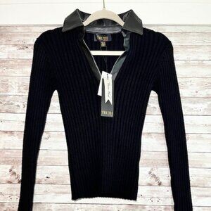 Leather Trim Viscose Blend Ribbed Fitted Sweater, Size X Small